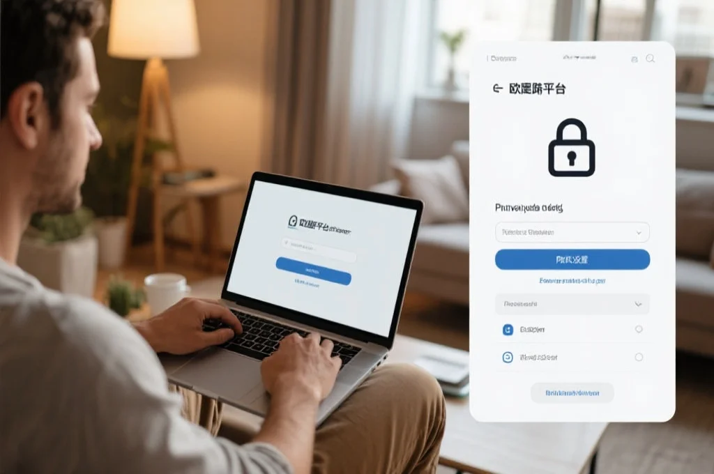 一位用户在家中通过笔记本电脑安全地登录欧陆娱乐平台，旁边显示加密锁图标和隐私设置界面